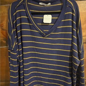 NWT Altar'd State Navy and Mustard Striped Long Sleeve Waffleknit Tee